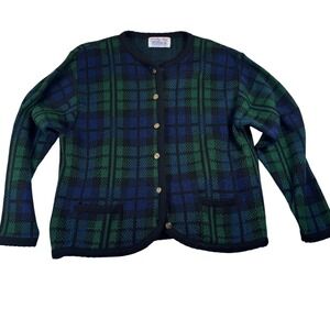 Tally Ho Vintage Cardigan‎ Sweater Green Blue Plaid Knit Button Front Womens M